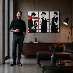 Χειροποίητη ζωγραφική POP Art Rat Pack 3 τεμαχίων rp – πίνακας σε μοντέρνο αντρικό εσωτερικό, lifestyle απεικόνιση. Κυρίαρχα χρώματα: μαύρο, λευκό, κόκκινο.