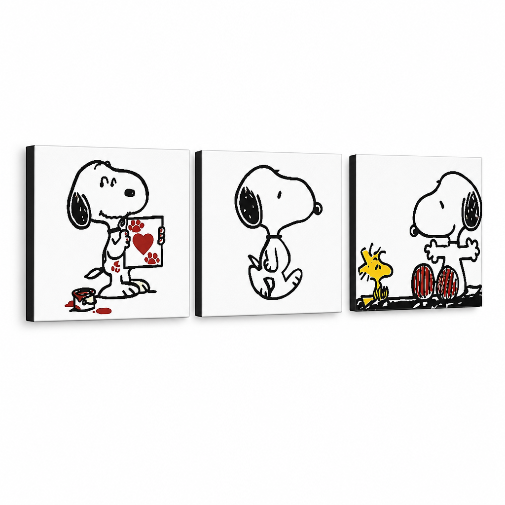 Χειροποίητη ζωγραφική POP Art SNOOPY 3 κομμάτι snoopy – Τρισδιάστατη απεικόνιση του χειροποίητα ζωγραφισμένου καμβά σε λευκό φόντο. Κυρίαρχα χρώματα: μαύρο, κόκκινο, κίτρινο.