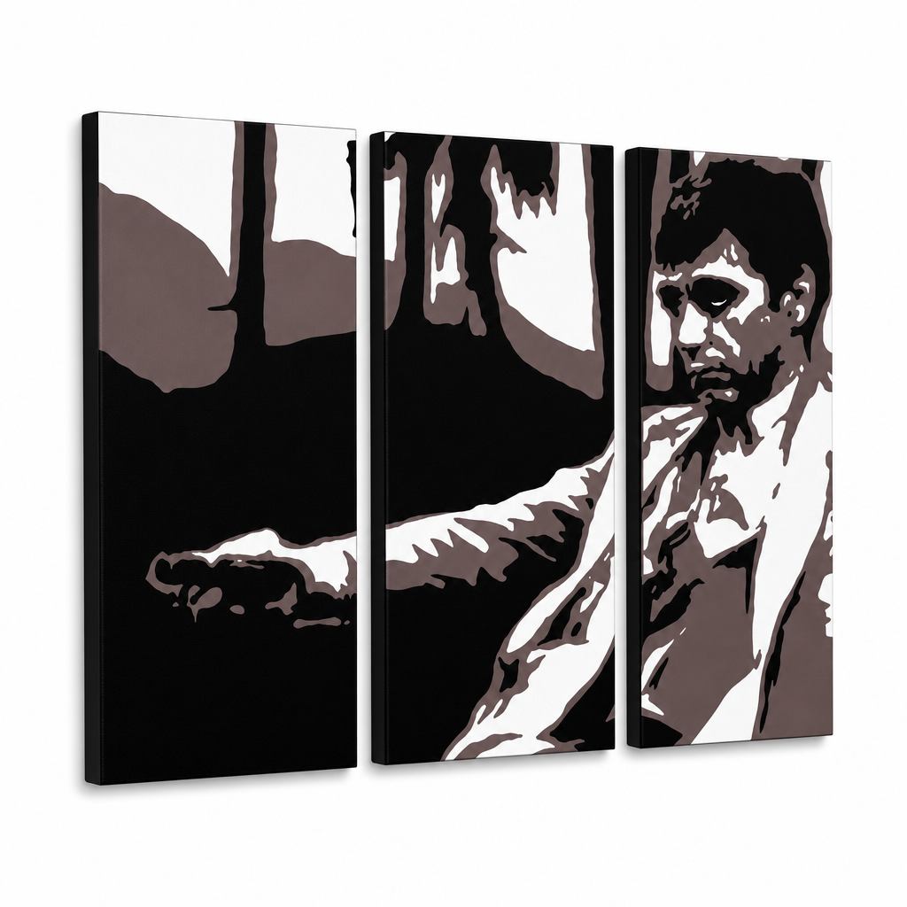 Χειροποίητος πίνακας ζωγραφικής POP Art AL PACINO 3 τεμάχια al24 – Τρισδιάστατη απεικόνιση του χειροποίητα ζωγραφισμένου καμβά σε λευκό φόντο. Κυρίαρχα χρώματα: μαύρο, καφέ, λευκό, γκρι.