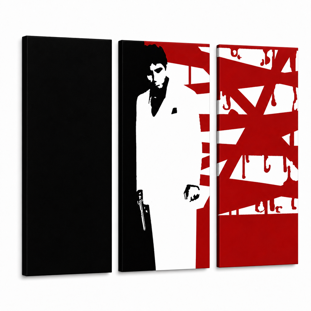 Χειροποίητος πίνακας ζωγραφικής POP Art AL PACINO 3 τεμάχια al33 – Τρισδιάστατη απεικόνιση του χειροποίητα ζωγραφισμένου καμβά σε λευκό φόντο. Κυρίαρχα χρώματα: μαύρο, λευκό, κόκκινο.