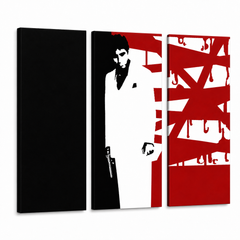 Χειροποίητος πίνακας ζωγραφικής POP Art AL PACINO 3 τεμάχια al33 – Τρισδιάστατη απεικόνιση του χειροποίητα ζωγραφισμένου καμβά σε λευκό φόντο. Κυρίαρχα χρώματα: μαύρο, λευκό, κόκκινο.