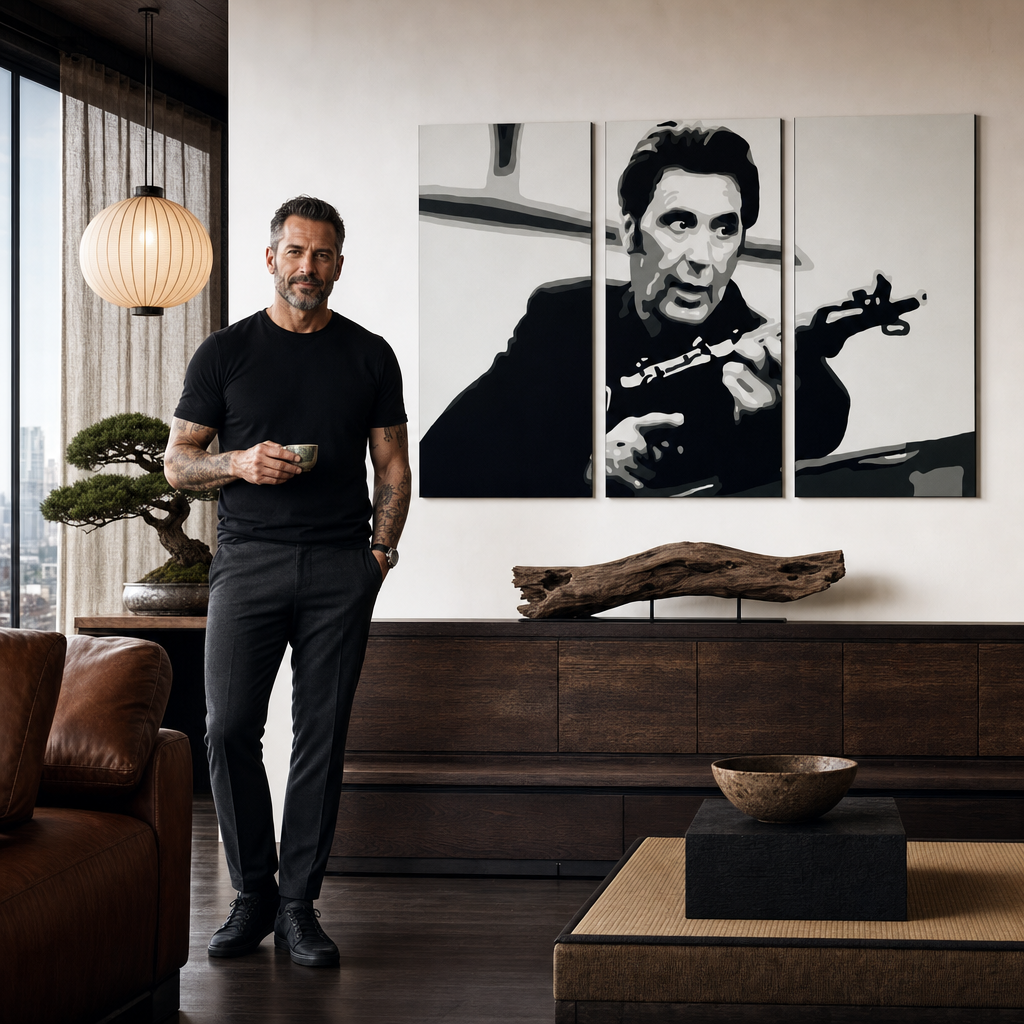 Χειροποίητος πίνακας ζωγραφικής POP Art AL PACINO 3 τεμάχια al4 – πίνακας σε μοντέρνο αντρικό εσωτερικό, lifestyle απεικόνιση. Κυρίαρχα χρώματα: μαύρο, λευκό, γκρι.