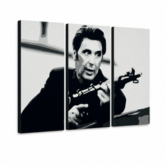 Χειροποίητος πίνακας ζωγραφικής POP Art AL PACINO 3 τεμάχια al4 – Τρισδιάστατη απεικόνιση του χειροποίητα ζωγραφισμένου καμβά σε λευκό φόντο. Κυρίαρχα χρώματα: μαύρο, λευκό, γκρι.