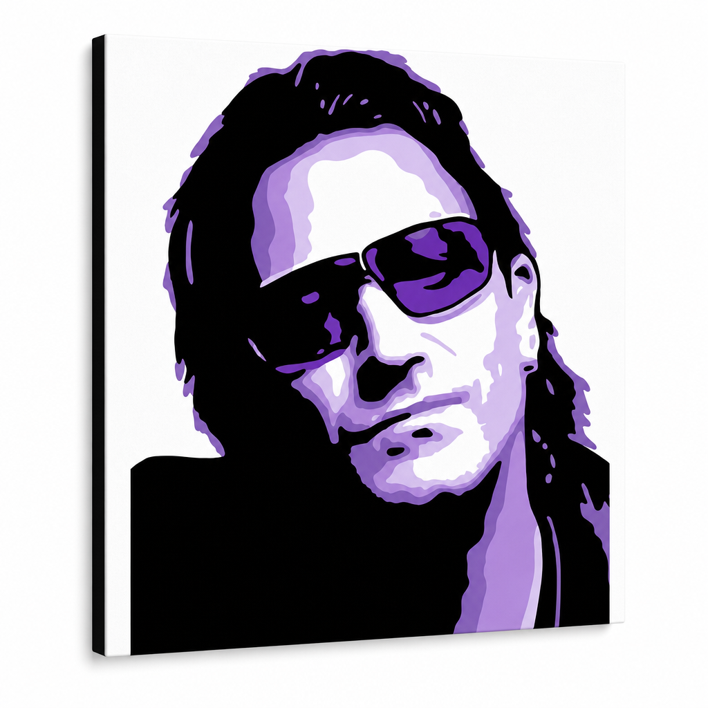 Χειροποίητος πίνακας ζωγραφικής POP Art Bono-U2 1 κομμάτι bono3 – Τρισδιάστατη απεικόνιση του χειροποίητα ζωγραφισμένου καμβά σε λευκό φόντο. Κυρίαρχα χρώματα: μαύρο, μωβ, λευκό.