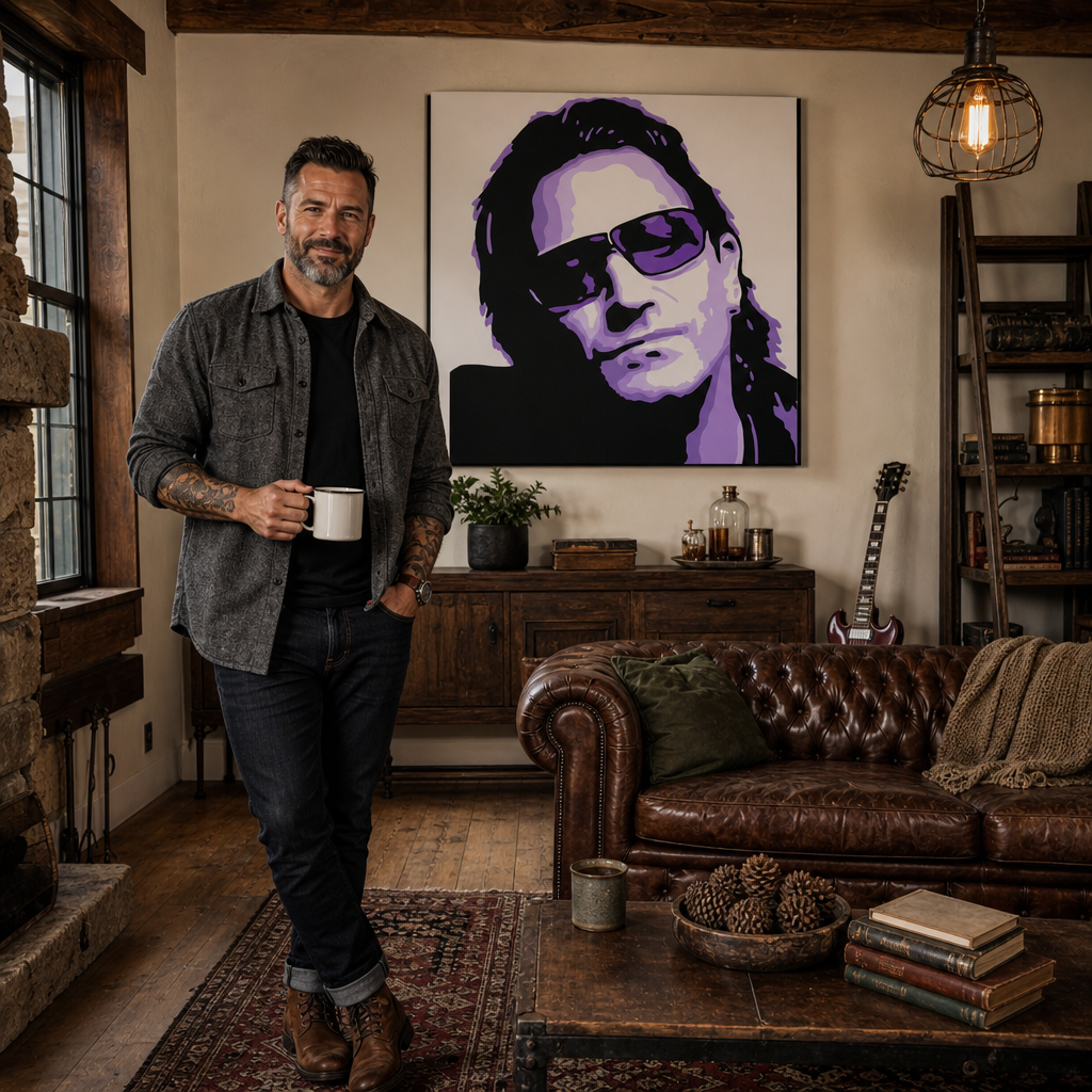 Χειροποίητος πίνακας ζωγραφικής POP Art Bono-U2 1 κομμάτι bono3 – πίνακας σε μοντέρνο αντρικό εσωτερικό, lifestyle απεικόνιση. Κυρίαρχα χρώματα: μαύρο, μωβ, λευκό.