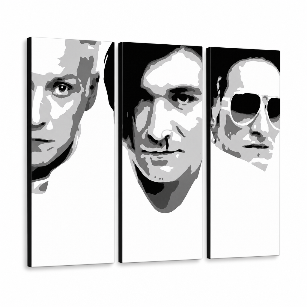 Χειροποίητος πίνακας ζωγραφικής POP Art Die Ärzte 3-part da2 – Τρισδιάστατη απεικόνιση του χειροποίητα ζωγραφισμένου καμβά σε λευκό φόντο. Κυρίαρχα χρώματα: μαύρο, λευκό, γκρι.