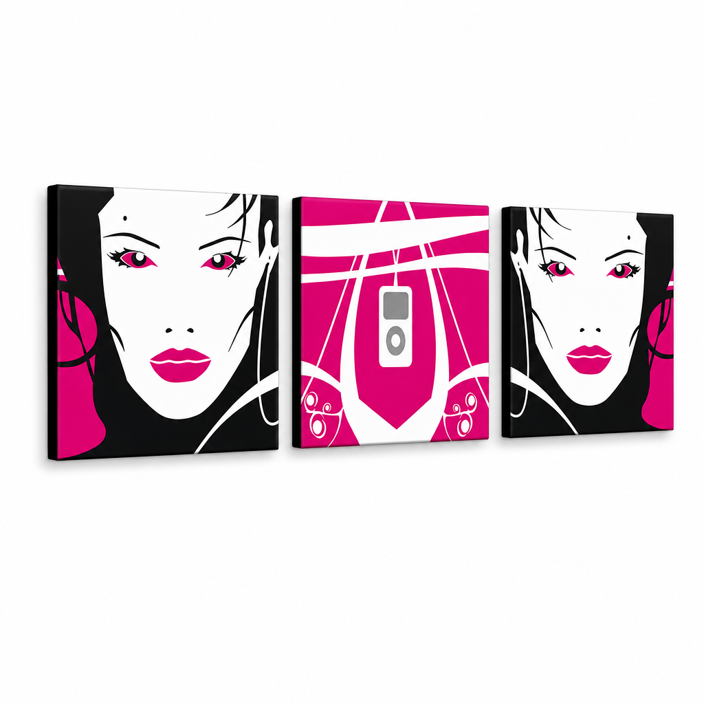 Χειροποίητος πίνακας ζωγραφικής POP Art I-GIRL 3 τεμαχίων pw – Τρισδιάστατη απεικόνιση του χειροποίητα ζωγραφισμένου καμβά σε λευκό φόντο. Κυρίαρχα χρώματα: ροζ, μαύρο, λευκό, γκρι.