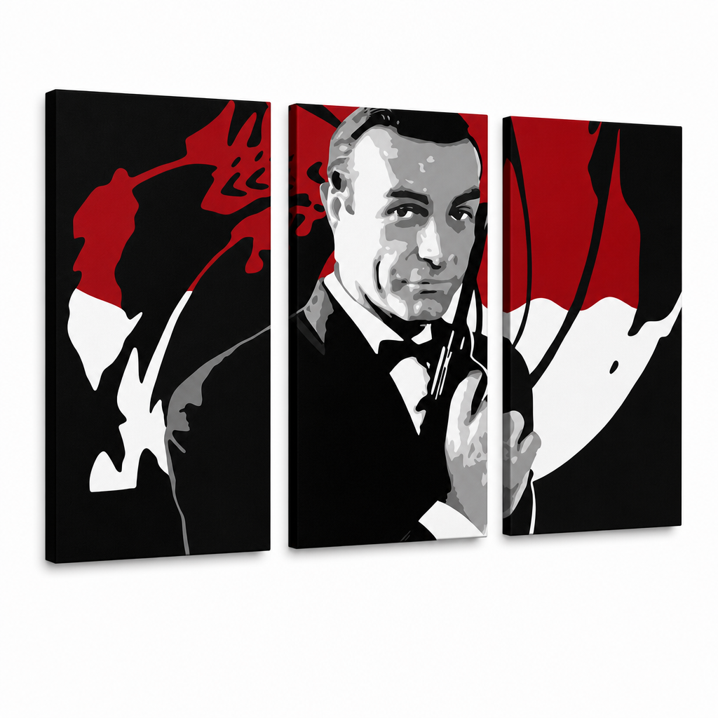 Χειροποίητος πίνακας ζωγραφικής POP Art James Bond 3 μέρη bond2 – Τρισδιάστατη απεικόνιση του χειροποίητα ζωγραφισμένου καμβά σε λευκό φόντο. Κυρίαρχα χρώματα: μαύρο, κόκκινο, λευκό.