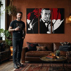 Χειροποίητος πίνακας ζωγραφικής POP Art James Bond 3 μέρη bond2 – πίνακας σε μοντέρνο αντρικό εσωτερικό, lifestyle απεικόνιση. Κυρίαρχα χρώματα: μαύρο, κόκκινο, λευκό.