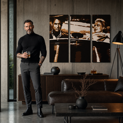 Χειροποίητος πίνακας ζωγραφικής POP Art James Bond 3 τεμαχίων bond1 – πίνακας σε μοντέρνο αντρικό εσωτερικό, lifestyle απεικόνιση. Κυρίαρχα χρώματα: μαύρο, καφέ, λευκό.