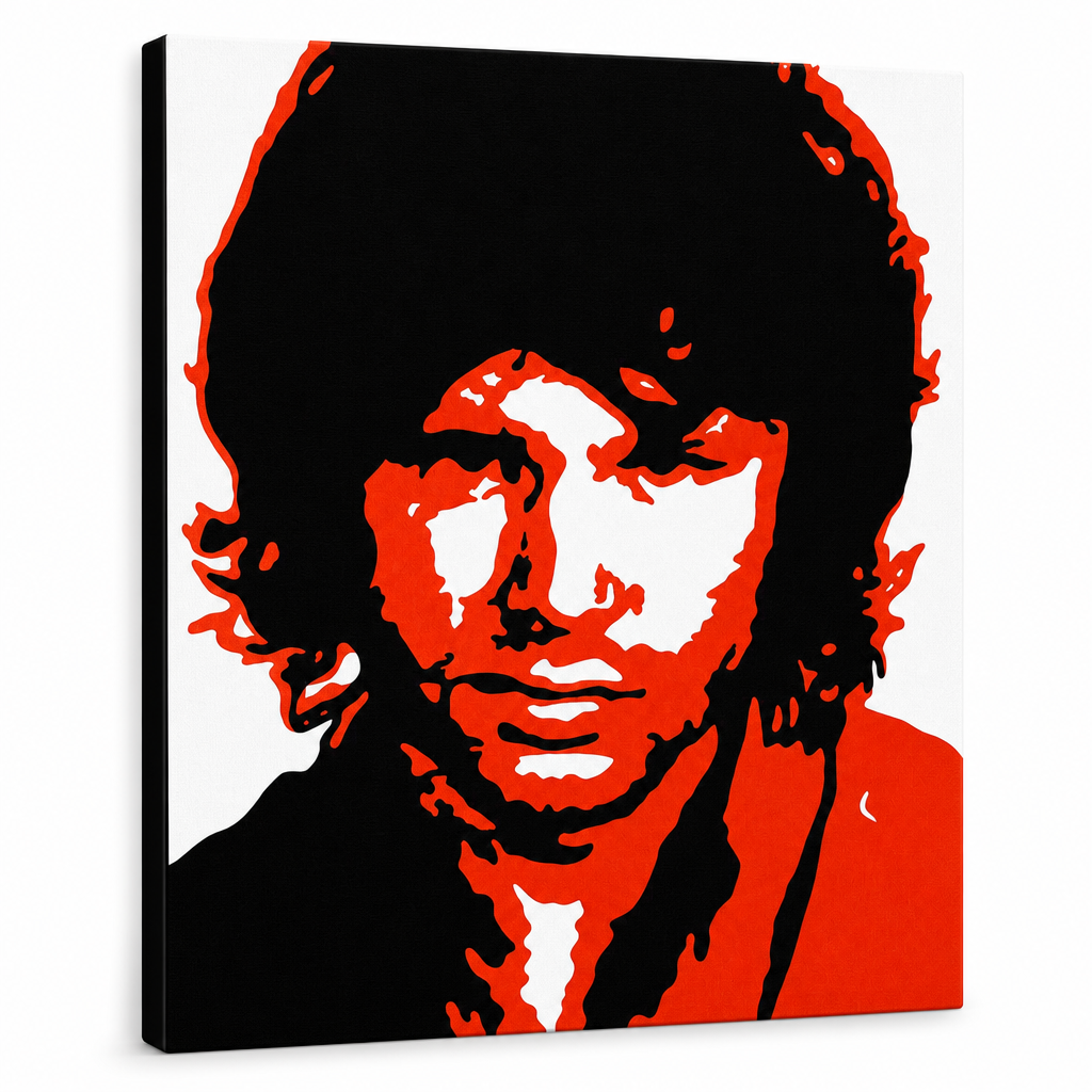 Χειροποίητος πίνακας ζωγραφικής POP Art Jim Morrison 1 κομμάτι jm2 – Τρισδιάστατη απεικόνιση του χειροποίητα ζωγραφισμένου καμβά σε λευκό φόντο. Κυρίαρχα χρώματα: μαύρο, κόκκινο, λευκό.