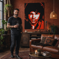Χειροποίητος πίνακας ζωγραφικής POP Art Jim Morrison 1 κομμάτι jm2 – πίνακας σε μοντέρνο αντρικό εσωτερικό, lifestyle απεικόνιση. Κυρίαρχα χρώματα: μαύρο, κόκκινο, λευκό.