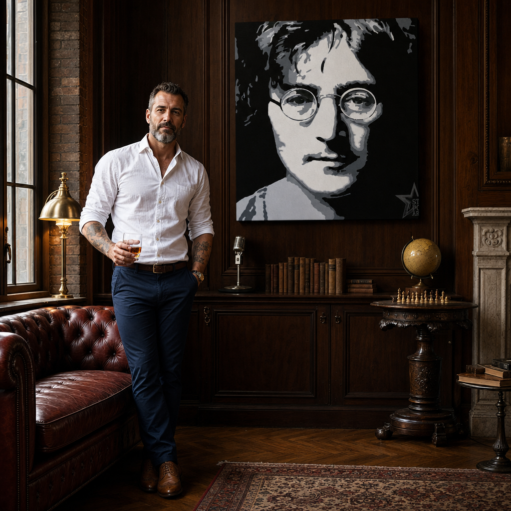Χειροποίητος πίνακας ζωγραφικής POP Art John Lennon 1 κομμάτι jl – πίνακας σε μοντέρνο αντρικό εσωτερικό, lifestyle απεικόνιση. Κυρίαρχα χρώματα: μαύρο, λευκό, γκρι.