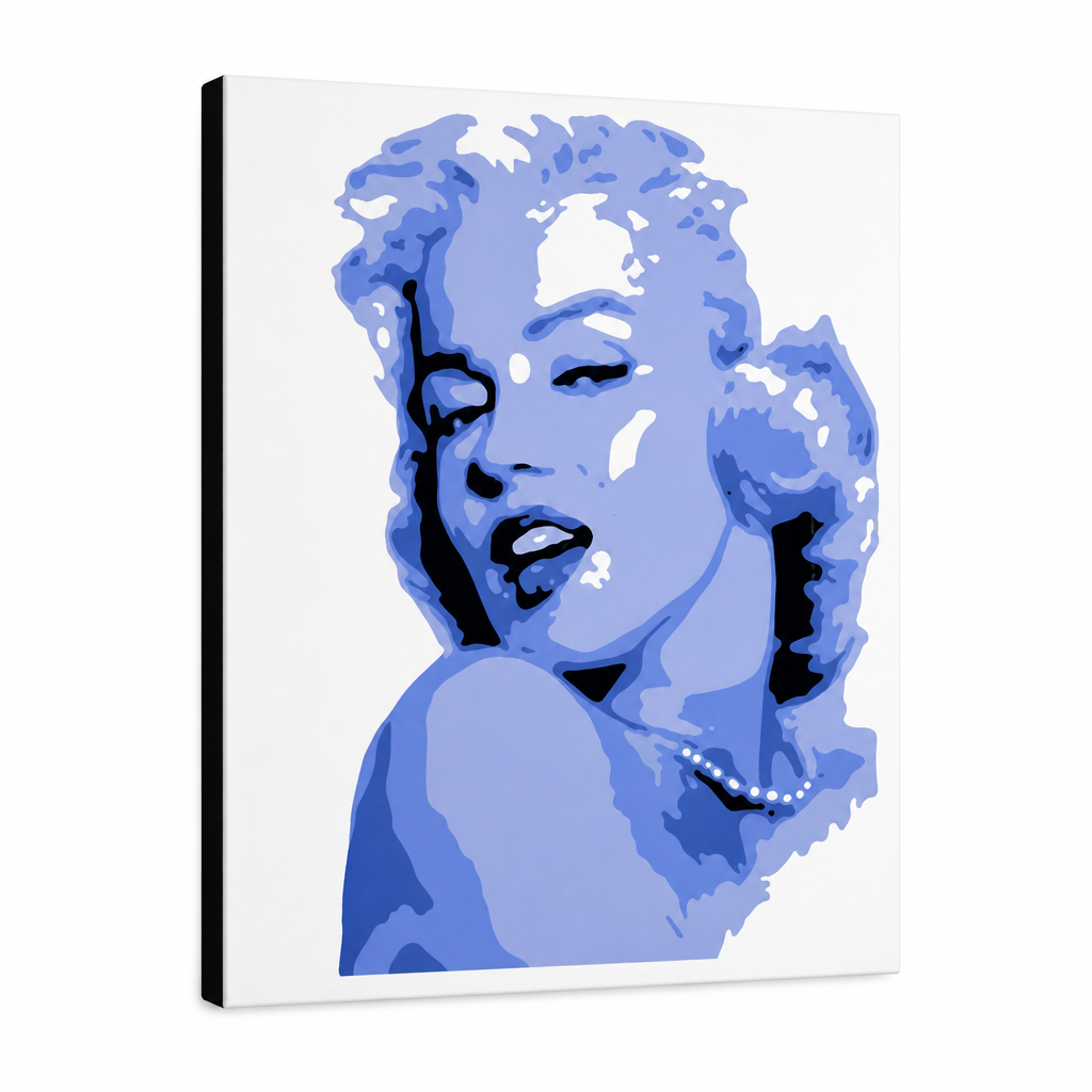 Χειροποίητος πίνακας ζωγραφικής POP Art Marilyn Monroe 1 τεμάχιο mon – Τρισδιάστατη απεικόνιση του χειροποίητα ζωγραφισμένου καμβά σε λευκό φόντο. Κυρίαρχα χρώματα: μπλε, λευκό, μαύρο.