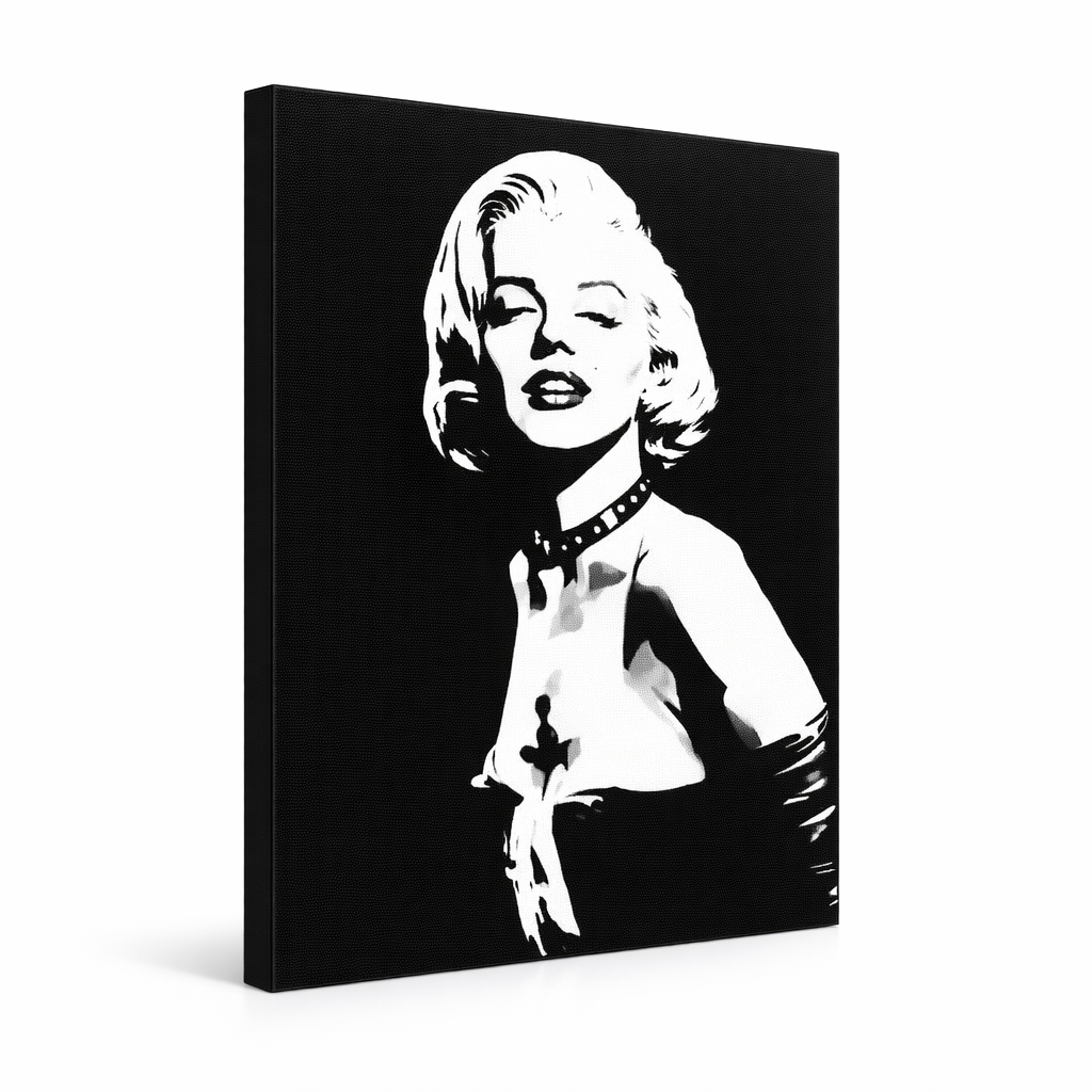 Χειροποίητος πίνακας ζωγραφικής POP Art Marilyn MONROE 1 τεμάχιο mon5 – Τρισδιάστατη απεικόνιση του χειροποίητα ζωγραφισμένου καμβά σε λευκό φόντο. Κυρίαρχα χρώματα: μαύρο, λευκό, γκρι.