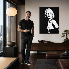 Χειροποίητος πίνακας ζωγραφικής POP Art Marilyn MONROE 1 τεμάχιο mon5 – πίνακας σε μοντέρνο αντρικό εσωτερικό, lifestyle απεικόνιση. Κυρίαρχα χρώματα: μαύρο, λευκό, γκρι.