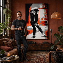 Χειροποίητος πίνακας ζωγραφικής POP Art Michael Jackson 1 τεμάχιο mj4 – πίνακας σε μοντέρνο αντρικό εσωτερικό, lifestyle απεικόνιση. Κυρίαρχα χρώματα: μαύρο, κόκκινο, πορτοκαλί, λευκό, γκρι.
