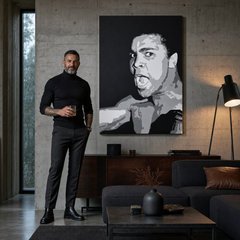 Χειροποίητος πίνακας ζωγραφικής POP Art Muhamad Ali 1 κομμάτι ali – πίνακας σε μοντέρνο αντρικό εσωτερικό, lifestyle απεικόνιση. Κυρίαρχα χρώματα: μαύρο, γκρι, λευκό.