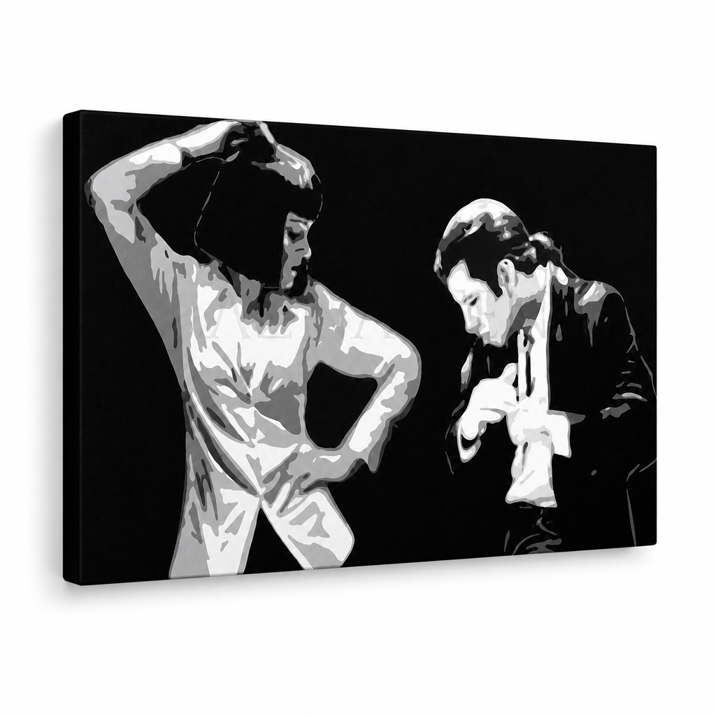 Χειροποίητος πίνακας ζωγραφικής POP Art Pulp Fiction 1 κομμάτι pulp4 – Τρισδιάστατη απεικόνιση του χειροποίητα ζωγραφισμένου καμβά σε λευκό φόντο. Κυρίαρχα χρώματα: μαύρο, λευκό, γκρι.