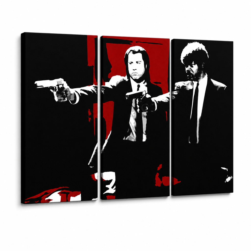 Χειροποίητος πίνακας ζωγραφικής POP Art Pulp Fiction 3 τεμαχίων pulp5 – Τρισδιάστατη απεικόνιση του χειροποίητα ζωγραφισμένου καμβά σε λευκό φόντο. Κυρίαρχα χρώματα: μαύρο, κόκκινο, λευκό.