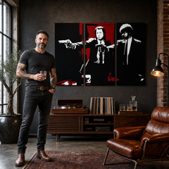 Χειροποίητος πίνακας ζωγραφικής POP Art Pulp Fiction 3 τεμαχίων pulp5 – πίνακας σε μοντέρνο αντρικό εσωτερικό, lifestyle απεικόνιση. Κυρίαρχα χρώματα: μαύρο, κόκκινο, λευκό.