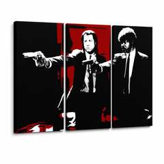 Χειροποίητος πίνακας ζωγραφικής POP Art Pulp Fiction 3 τεμαχίων pulp5 – Τρισδιάστατη απεικόνιση του χειροποίητα ζωγραφισμένου καμβά σε λευκό φόντο. Κυρίαρχα χρώματα: μαύρο, κόκκινο, λευκό.