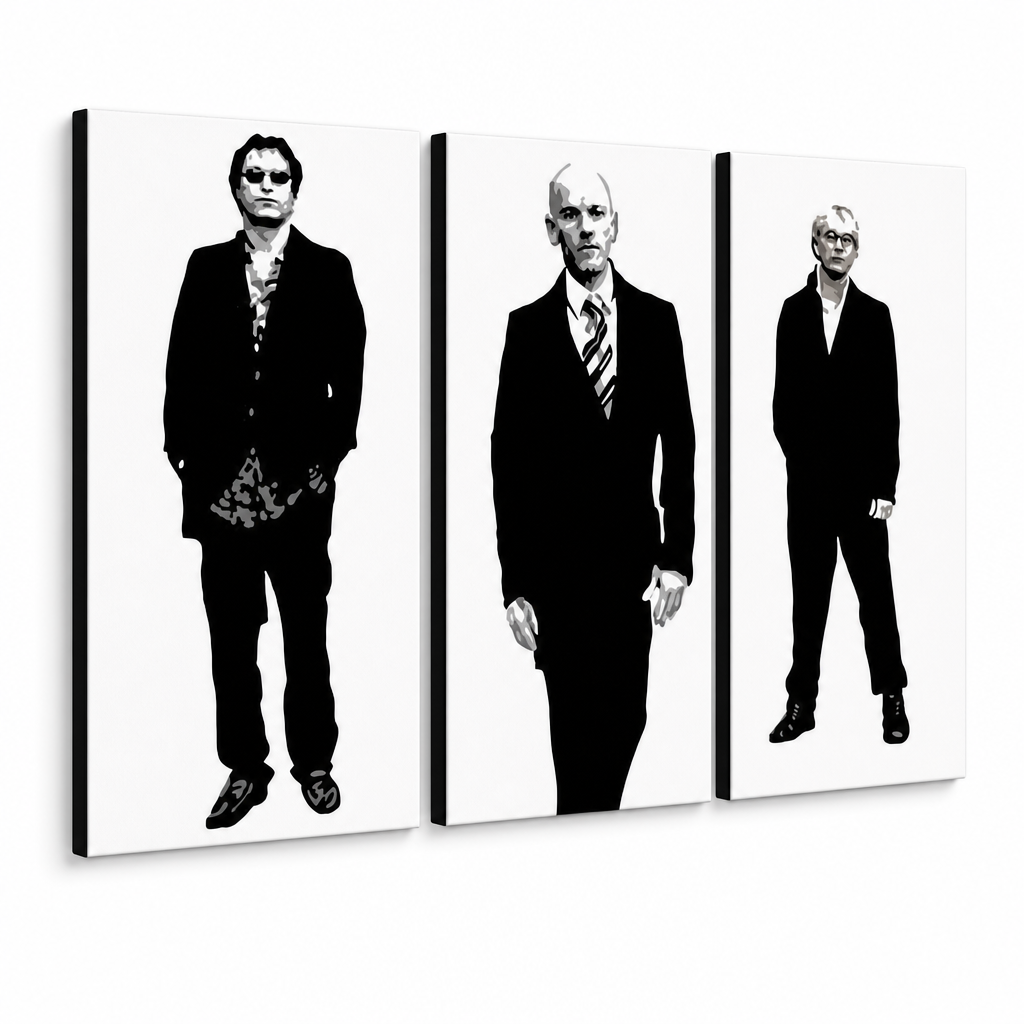 Χειροποίητος πίνακας ζωγραφικής POP Art REM 3 piece rem – Τρισδιάστατη απεικόνιση του χειροποίητα ζωγραφισμένου καμβά σε λευκό φόντο. Κυρίαρχα χρώματα: μαύρο, λευκό, γκρι.
