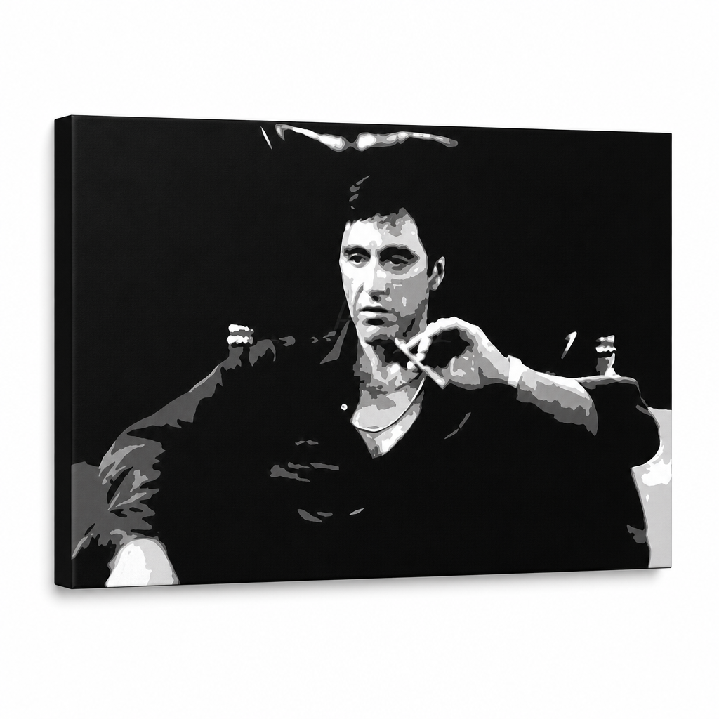 Χειροποίητος πίνακας ζωγραφικής POP Art Scarface 1 τεμάχιο smz – Τρισδιάστατη απεικόνιση του χειροποίητα ζωγραφισμένου καμβά σε λευκό φόντο. Κυρίαρχα χρώματα: μαύρο, λευκό, γκρι.