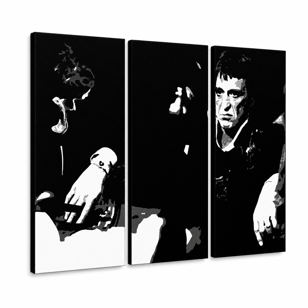 Χειροποίητος πίνακας ζωγραφικής POP Art SCARFACE-AL PACINO 6 τεμαχίων al5 – Τρισδιάστατη απεικόνιση του χειροποίητα ζωγραφισμένου καμβά σε λευκό φόντο. Κυρίαρχα χρώματα: μαύρο, λευκό.
