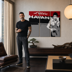 Χειροποίητος πίνακας ζωγραφικής POP Art Σημαδεμένος - AL PACINO 3 piece al39 – πίνακας σε μοντέρνο αντρικό εσωτερικό, lifestyle απεικόνιση. Κυρίαρχα χρώματα: κόκκινο, μαύρο, γκρι, λευκό.