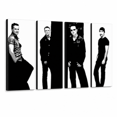 Χειροποίητος πίνακας ζωγραφικής POP Art U2 σε μαύρο 4 τεμάχια U2 – Τρισδιάστατη απεικόνιση του χειροποίητα ζωγραφισμένου καμβά σε λευκό φόντο. Κυρίαρχα χρώματα: μαύρο, λευκό, γκρι.