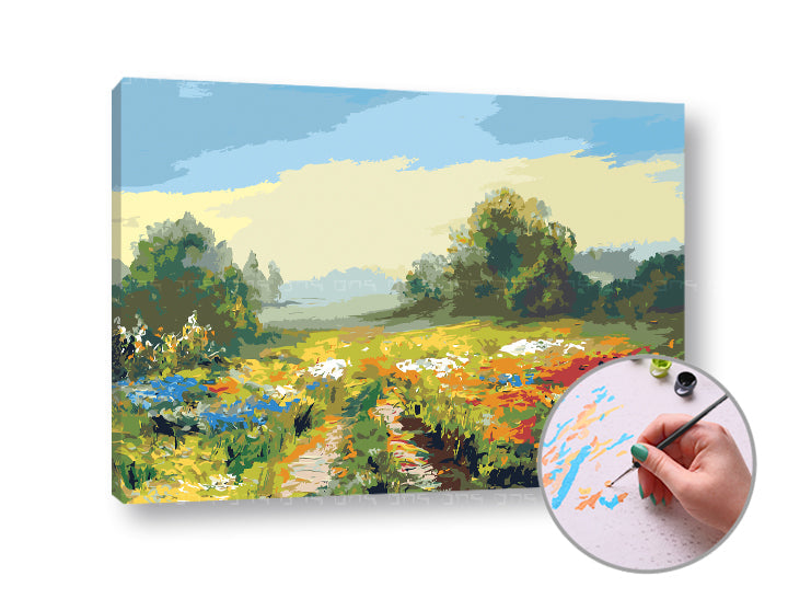 Εικόνα σε καμβά με θέμα τοπίο με λουλούδια και δέντρα – τρισδιάστατη απεικόνιση του καμβά με εμφανές ξύλινο τελάρο, Papilora.