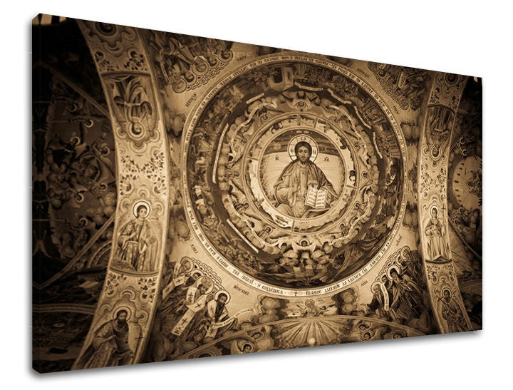 Εικόνα σε καμβά με θέμα θρησκευτικές τοιχογραφίες εκκλησίας, σέπια – τρισδιάστατη απεικόνιση του καμβά με εμφανές ξύλινο τελάρο, Papilora.