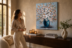 Χειροποίητη ζωγραφική σε καμβά με θέμα ανθοδέσμη λευκών λουλουδιών σε μπλε βάζο κρεμασμένη σε μοντέρνο κομψό εσωτερικό πάνω από ξύλινη κονσόλα με βάζο και κερί, Papilora.