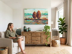 Καμβάς Papilora 90x60 cm με τεχνική ζωγραφικής, απεικονίζει δύο δέντρα σε γήινους τόνους, ιδανικό για μοντέρνο σαλόνι. Κατασκευάστηκε στην ΕΕ, προσθέτει ζεστασιά και στυλ.