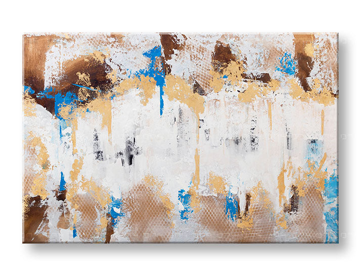 Χειροποίητη ζωγραφική σε καμβά με θέμα αφηρημένες χρυσές και μπλε πινελιές – τρισδιάστατη απεικόνιση του καμβά με εμφανές ξύλινο τελάρο, Papilora.
