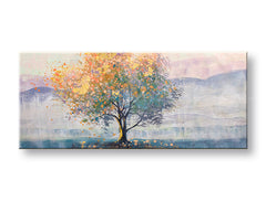 Χειροποίητη ζωγραφική σε καμβά με θέμα πολύχρωμο δέντρο σε ομιχλώδες τοπίο – τρισδιάστατη απεικόνιση του καμβά με εμφανές ξύλινο τελάρο, Papilora.